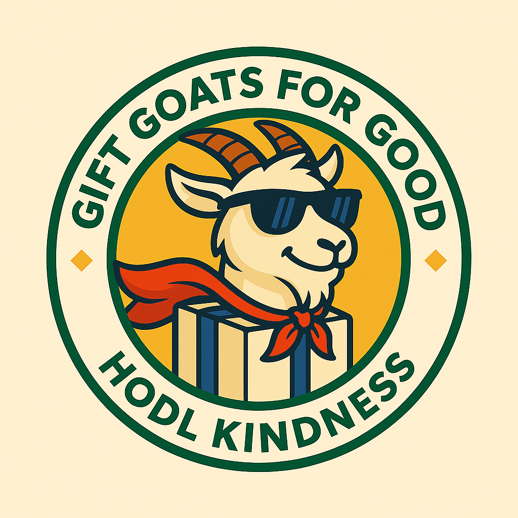 Gift Goats for Good GGFG logo with HODL KINDNESS and Decentralized Giving
